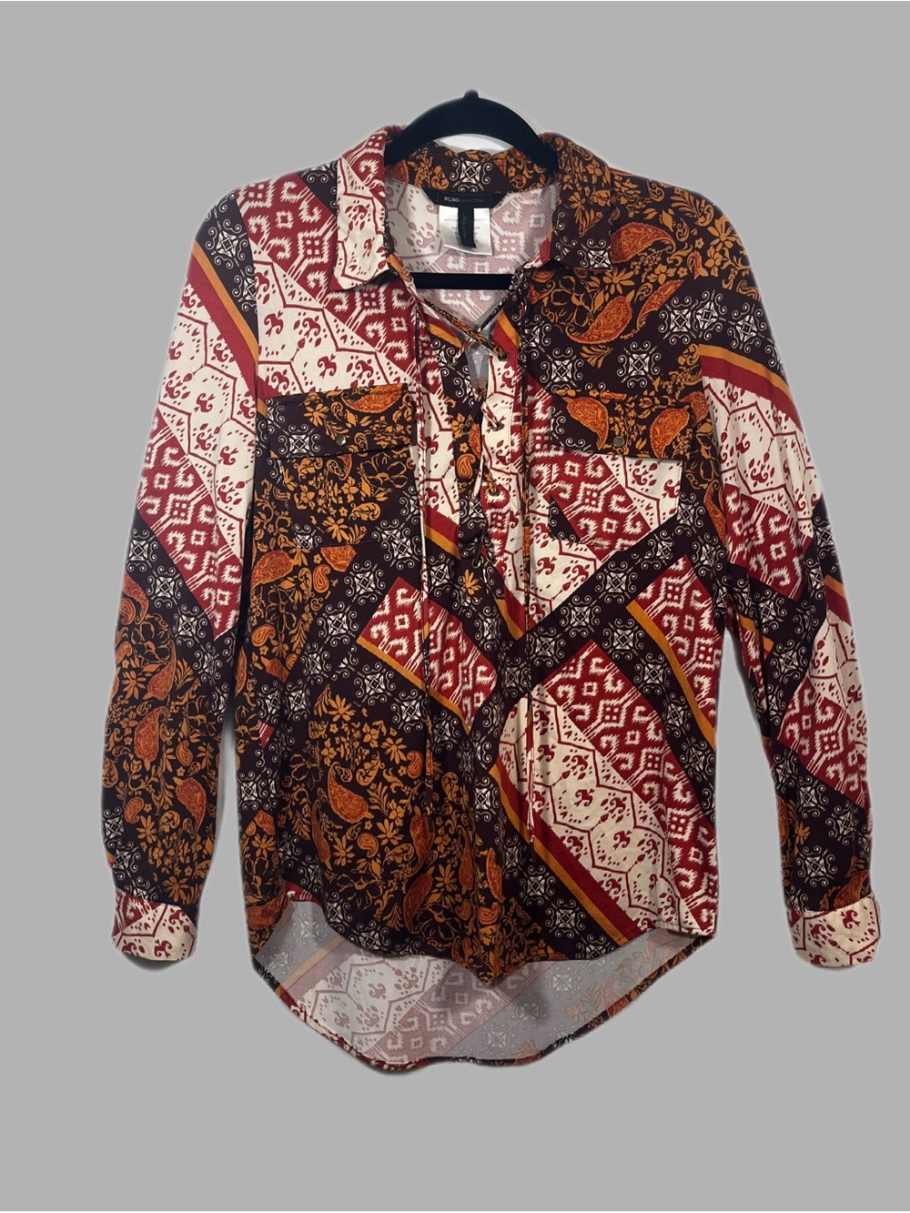BCBGMaxAzria Women’s Small Scarf Pattern Lace Front Blouse Long Sleeve